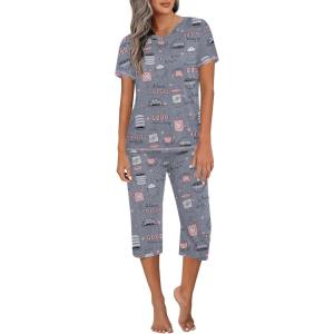 Ekouaer Women’s Sleepwear Capri Pajama Sets Short Sleeve Two-Piece Pjs V Neck Tops & Capri Pants with Pockets S-3XL(Gray Coffee Cups)