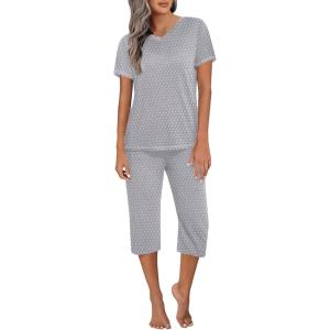 Ekouaer Women’s Sleepwear Capri Pajama Sets Short Sleeve Two-Piece Pjs V Neck Tops & Capri Pants with Pockets S-3XL(Grey Stars)