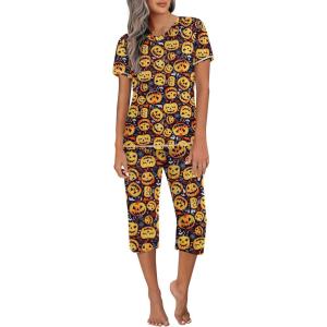 Ekouaer Women’s Sleepwear Capri Pajama Sets Short Sleeve Two-Piece Pjs V Neck Tops & Capri Pants with Pockets S-3XL(Halloween Pumpkin)