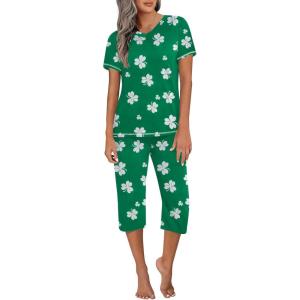Ekouaer Women’s Sleepwear Capri Pajama Sets Short Sleeve Two-Piece Pjs V Neck Tops & Capri Pants with Pockets S-3XL(Shamrock)