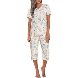 Ekouaer Women’s Sleepwear Capri Pajama Sets Short Sleeve Two-Piece Pjs V Neck Tops & Capri Pants with Pockets S-3XL(White Blue Flowers)