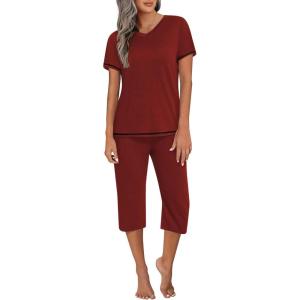 Ekouaer Women’s Sleepwear Capri Pajama Sets Short Sleeve Two-Piece Pjs V Neck Tops & Capri Pants with Pockets S-3XL(Wine Red)