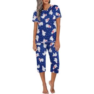 Ekouaer Women’s Sleepwear Capri Pajama Sets Short Sleeve Two-Piece Pjs V Neck Tops & Capri Pants with Pockets S-3XL(Z Christmas Polar Bear)