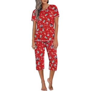 Ekouaer Women’s Sleepwear Capri Pajama Sets Short Sleeve Two-Piece Pjs V Neck Tops & Capri Pants with Pockets S-3XL(Z Christmas Snowman Print)