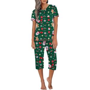 Ekouaer Women’s Sleepwear Capri Pajama Sets Short Sleeve Two-Piece Pjs V Neck Tops & Capri Pants with Pockets S-3XL(Z Christmas Trees)