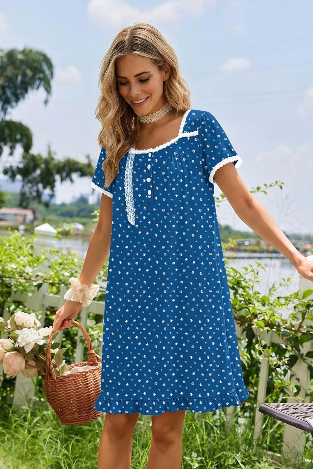 imageEkouaer Nightgowns for Women Lace Trim Sleep Shirts Short Sleeve Night Shirts With Pockets Night Gown Ruffled Sleep DressBlue Dog Footprints