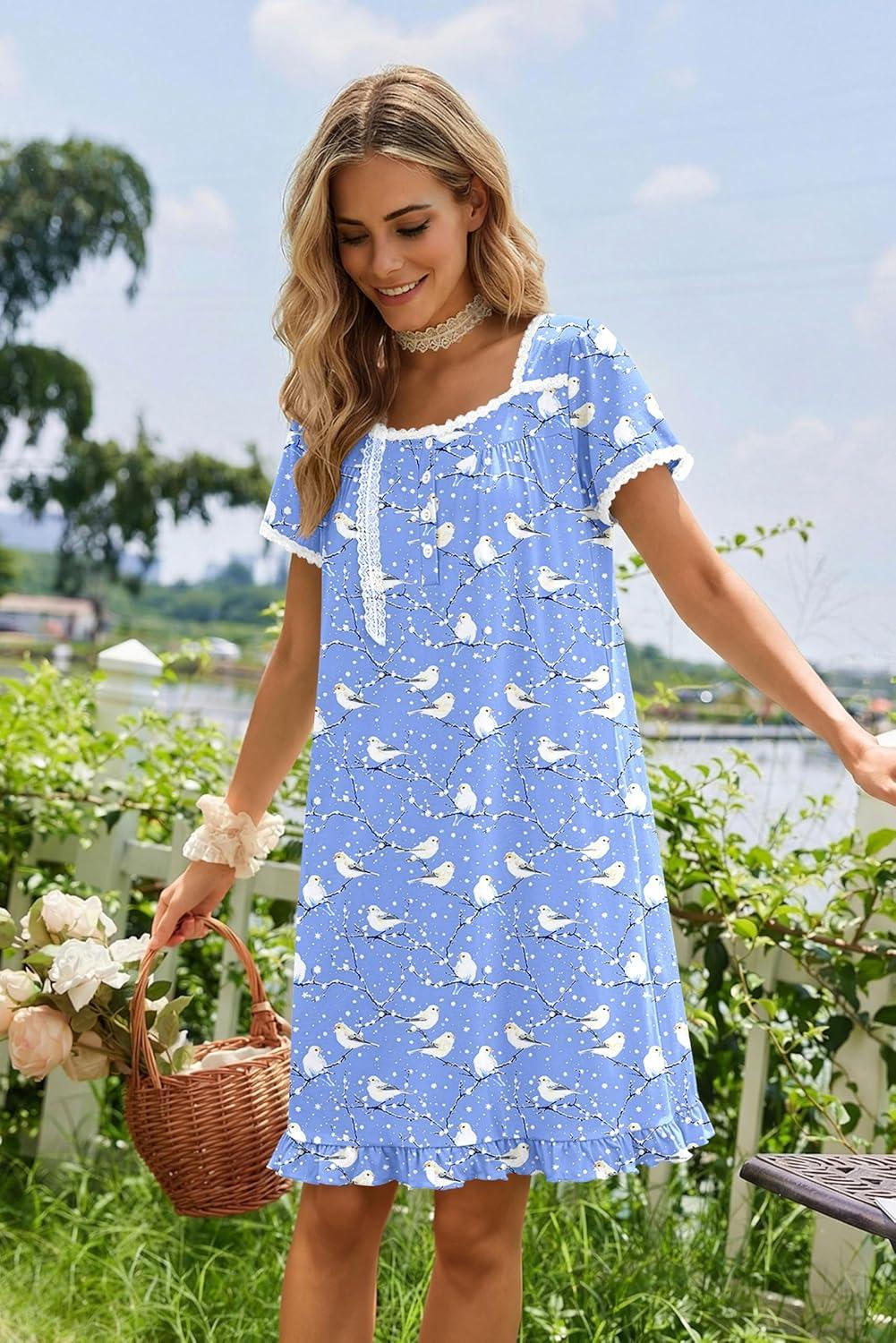 imageEkouaer Nightgowns for Women Lace Trim Sleep Shirts Short Sleeve Night Shirts With Pockets Night Gown Ruffled Sleep DressBlue Pigeon