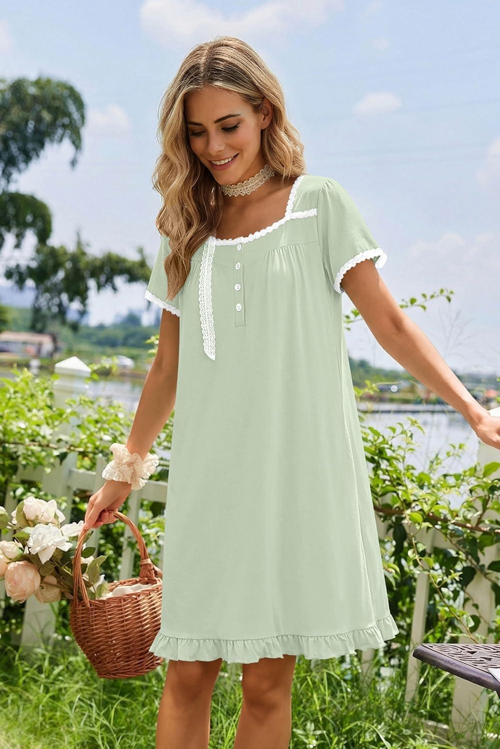 imageEkouaer Nightgowns for Women Lace Trim Sleep Shirts Short Sleeve Night Shirts With Pockets Night Gown Ruffled Sleep DressLight Green