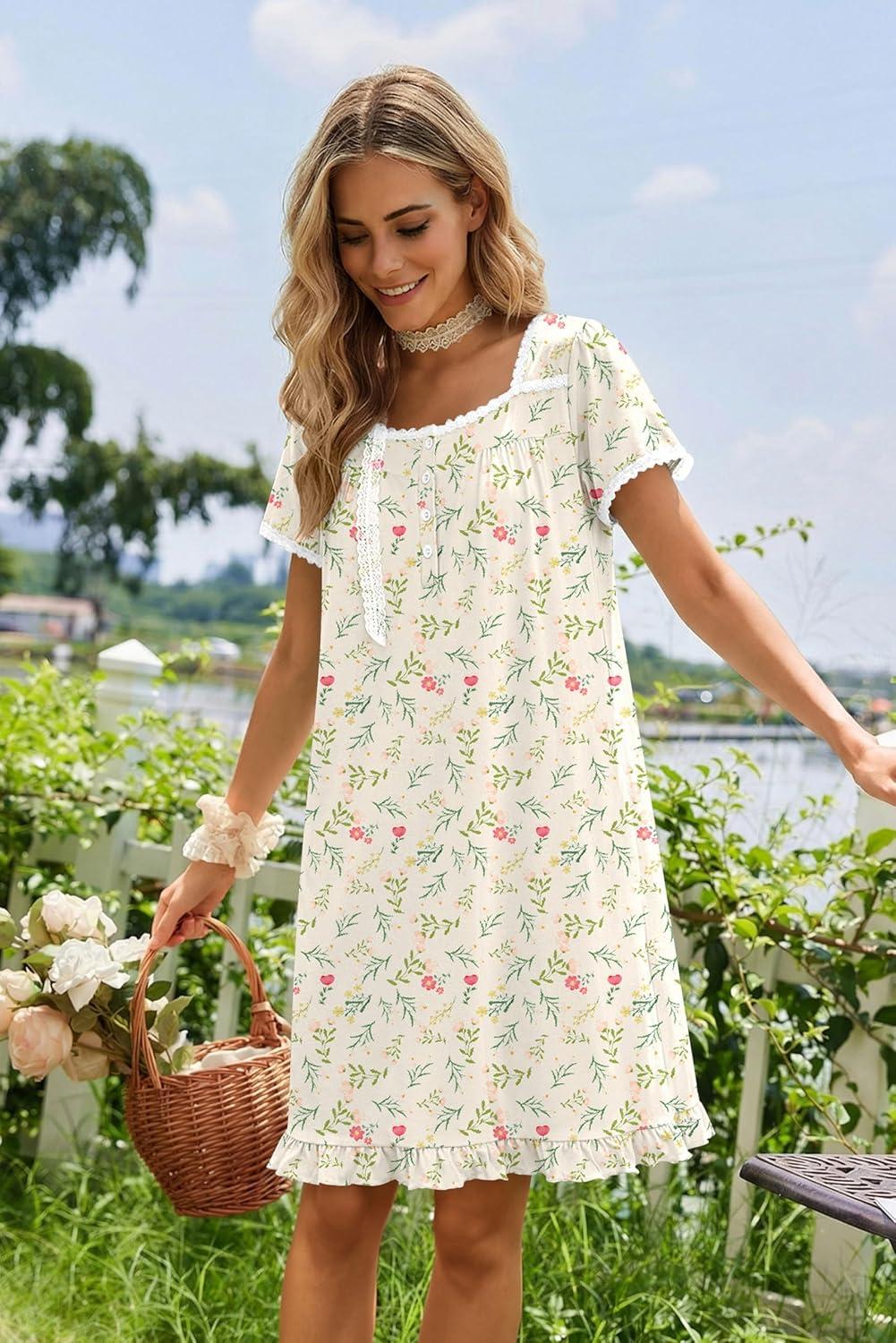 imageEkouaer Nightgowns for Women Lace Trim Sleep Shirts Short Sleeve Night Shirts With Pockets Night Gown Ruffled Sleep DressYellow Flowers