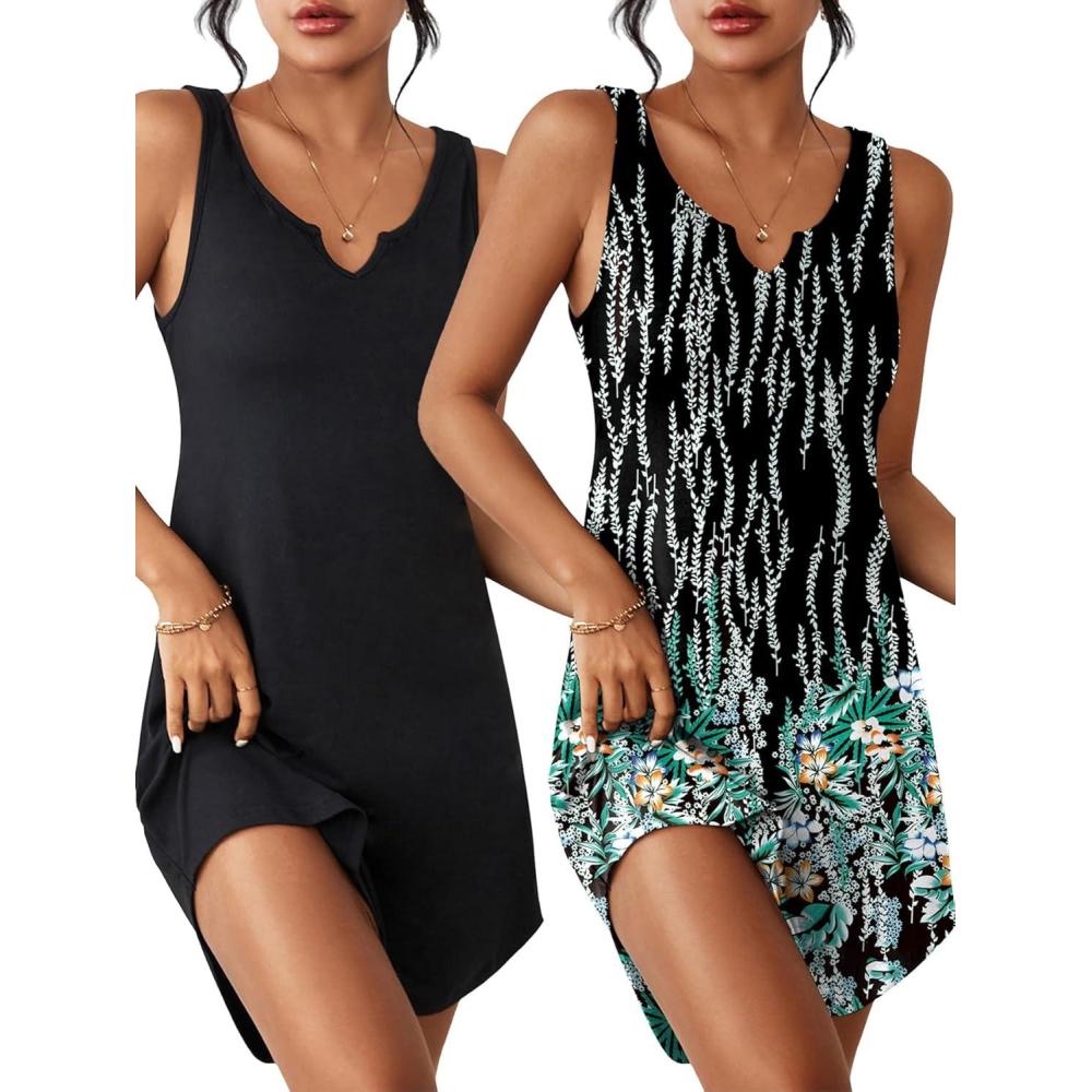 imageEkouaer 2 Pack Womens Sleeveless Sleep Shirts VNeck Tank Nightdress Chemise Nightgown Soft Pajama Sleepwear Lounge DressBlackMulti Floral