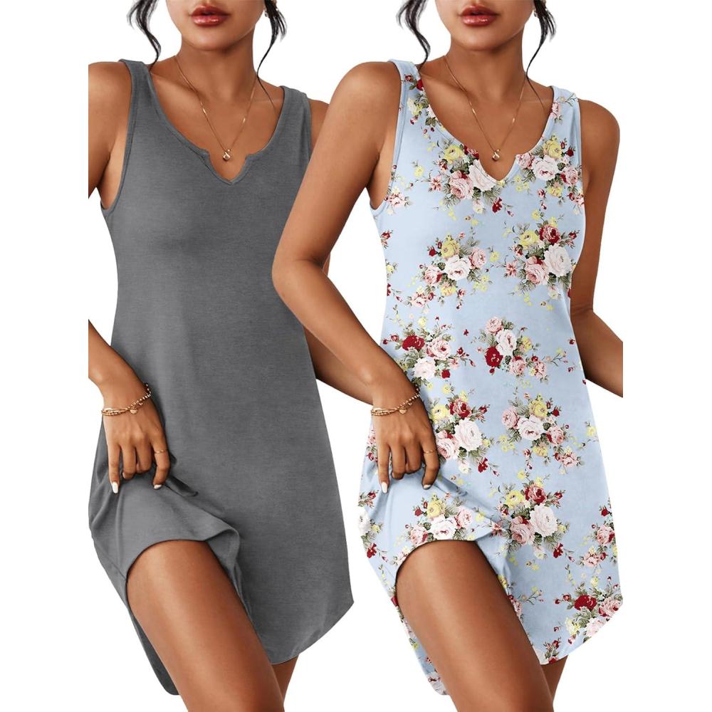 imageEkouaer 2 Pack Womens Sleeveless Sleep Shirts VNeck Tank Nightdress Chemise Nightgown Soft Pajama Sleepwear Lounge DressGreyBlue Floral