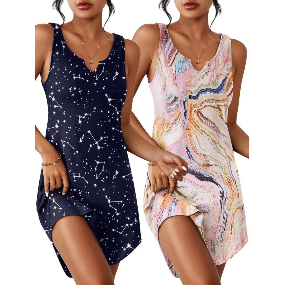 imageEkouaer 2 Pack Womens Sleeveless Sleep Shirts VNeck Tank Nightdress Chemise Nightgown Soft Pajama Sleepwear Lounge DressPink MarbleBlue Star
