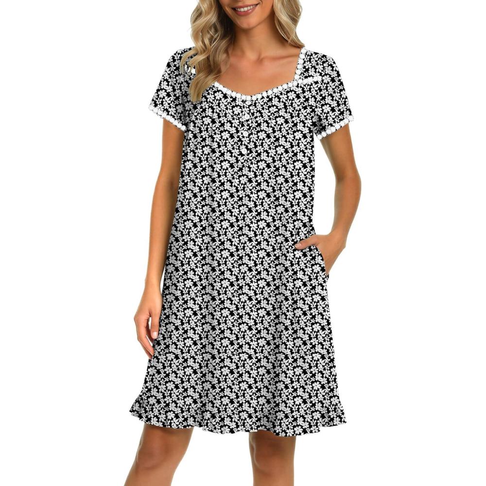 imageEkouaer Nightgowns for Women Lace Trim Sleep Shirts Short Sleeve Night Shirts With Pockets Night Gown Ruffled Sleep DressBlack Floral