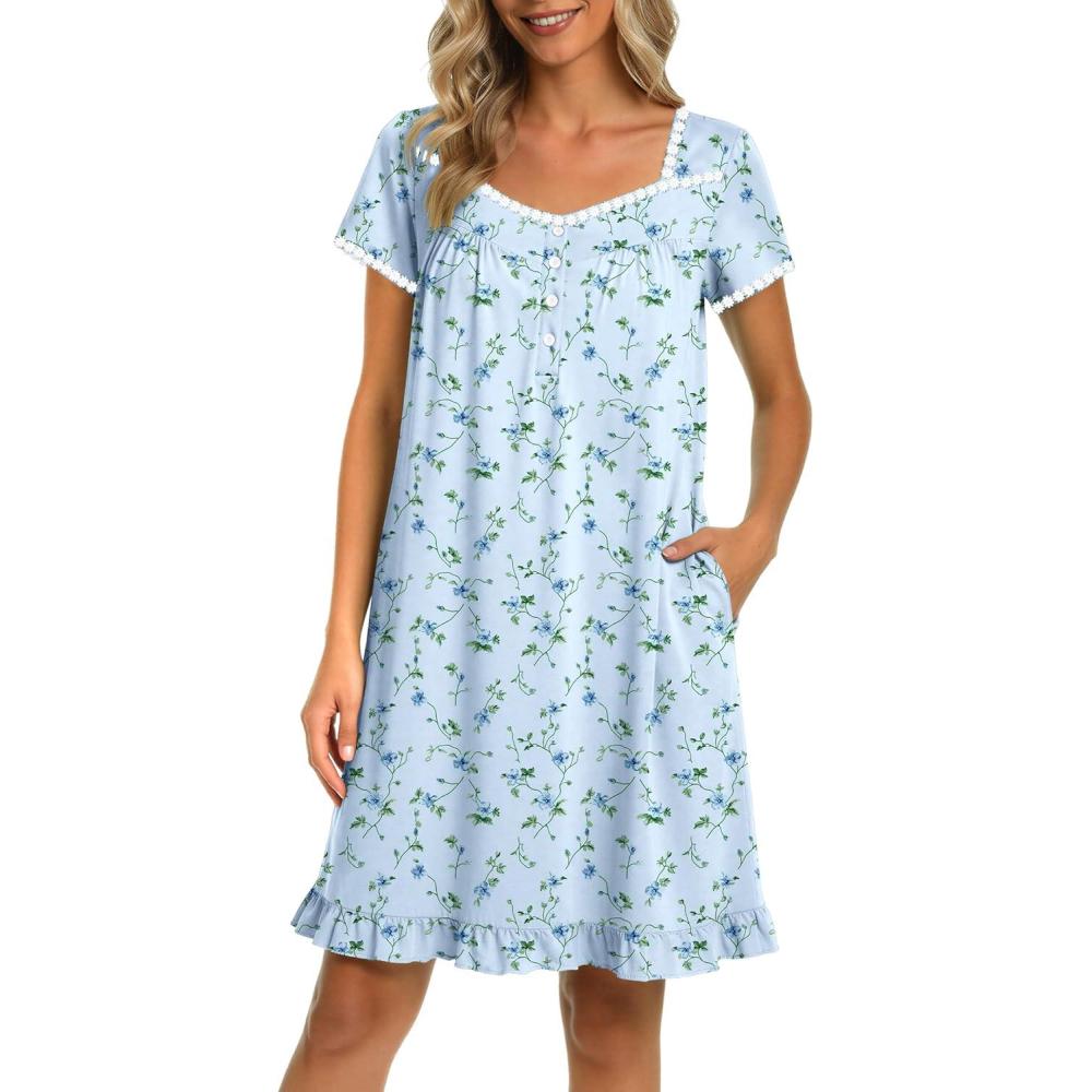 imageEkouaer Nightgowns for Women Lace Trim Sleep Shirts Short Sleeve Night Shirts With Pockets Night Gown Ruffled Sleep DressBlue Floral
