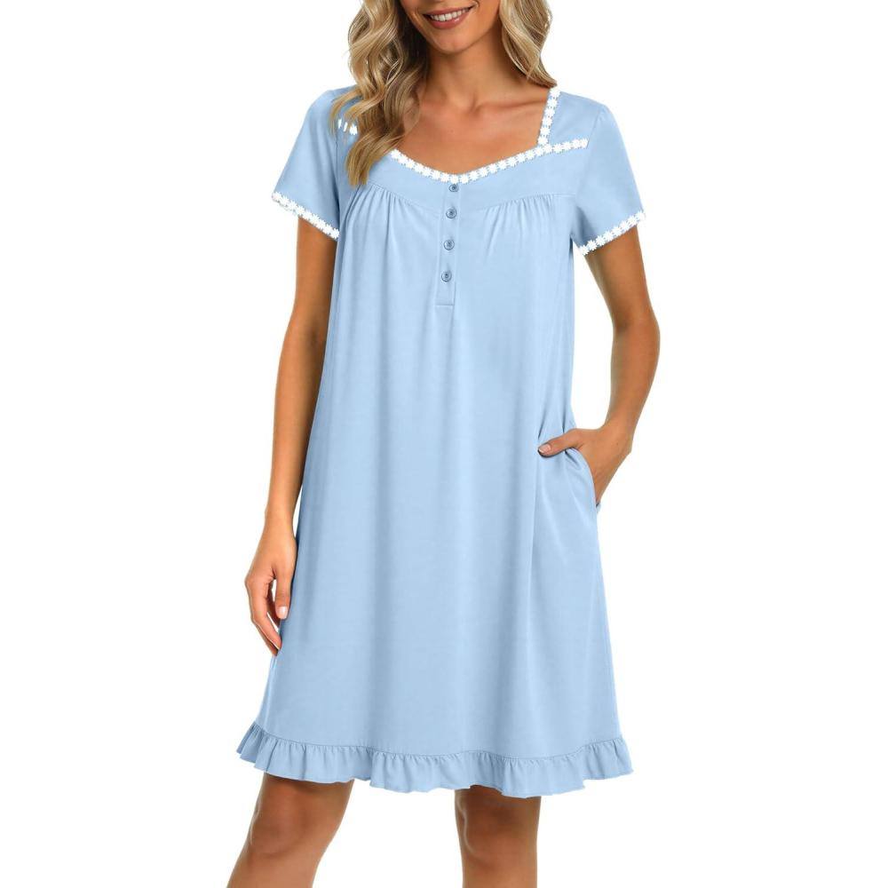 imageEkouaer Nightgowns for Women Lace Trim Sleep Shirts Short Sleeve Night Shirts With Pockets Night Gown Ruffled Sleep DressLight Blue