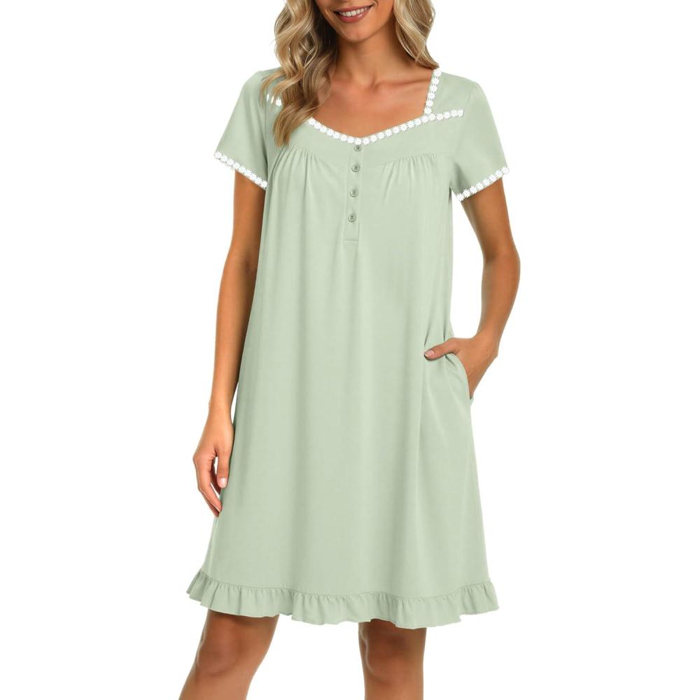 imageEkouaer Nightgowns for Women Lace Trim Sleep Shirts Short Sleeve Night Shirts With Pockets Night Gown Ruffled Sleep DressLight Green