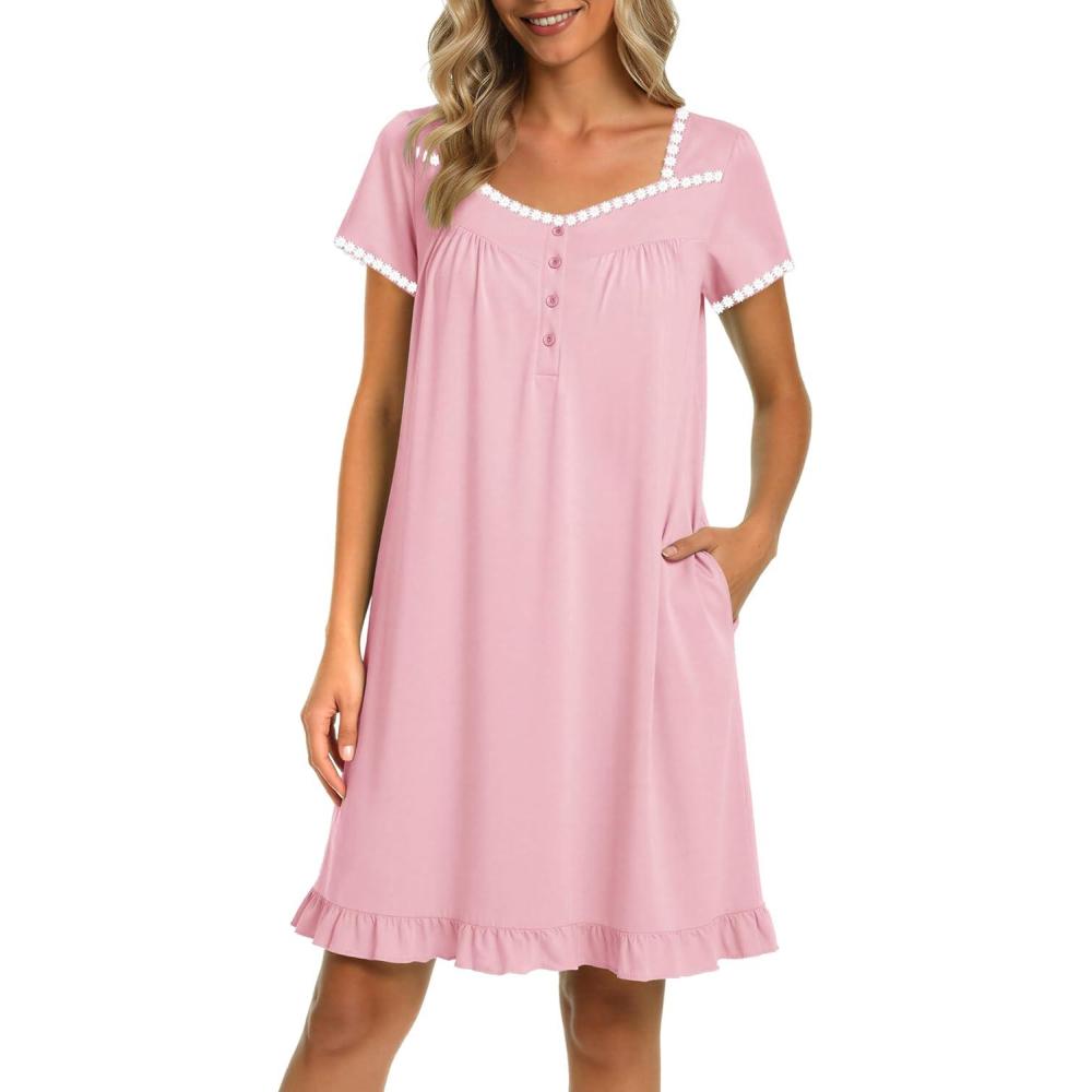 imageEkouaer Nightgowns for Women Lace Trim Sleep Shirts Short Sleeve Night Shirts With Pockets Night Gown Ruffled Sleep DressPink