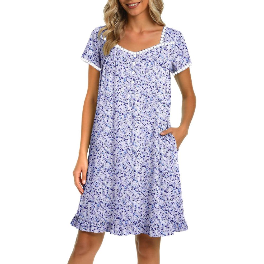 imageEkouaer Nightgowns for Women Lace Trim Sleep Shirts Short Sleeve Night Shirts With Pockets Night Gown Ruffled Sleep DressPurple Flowers