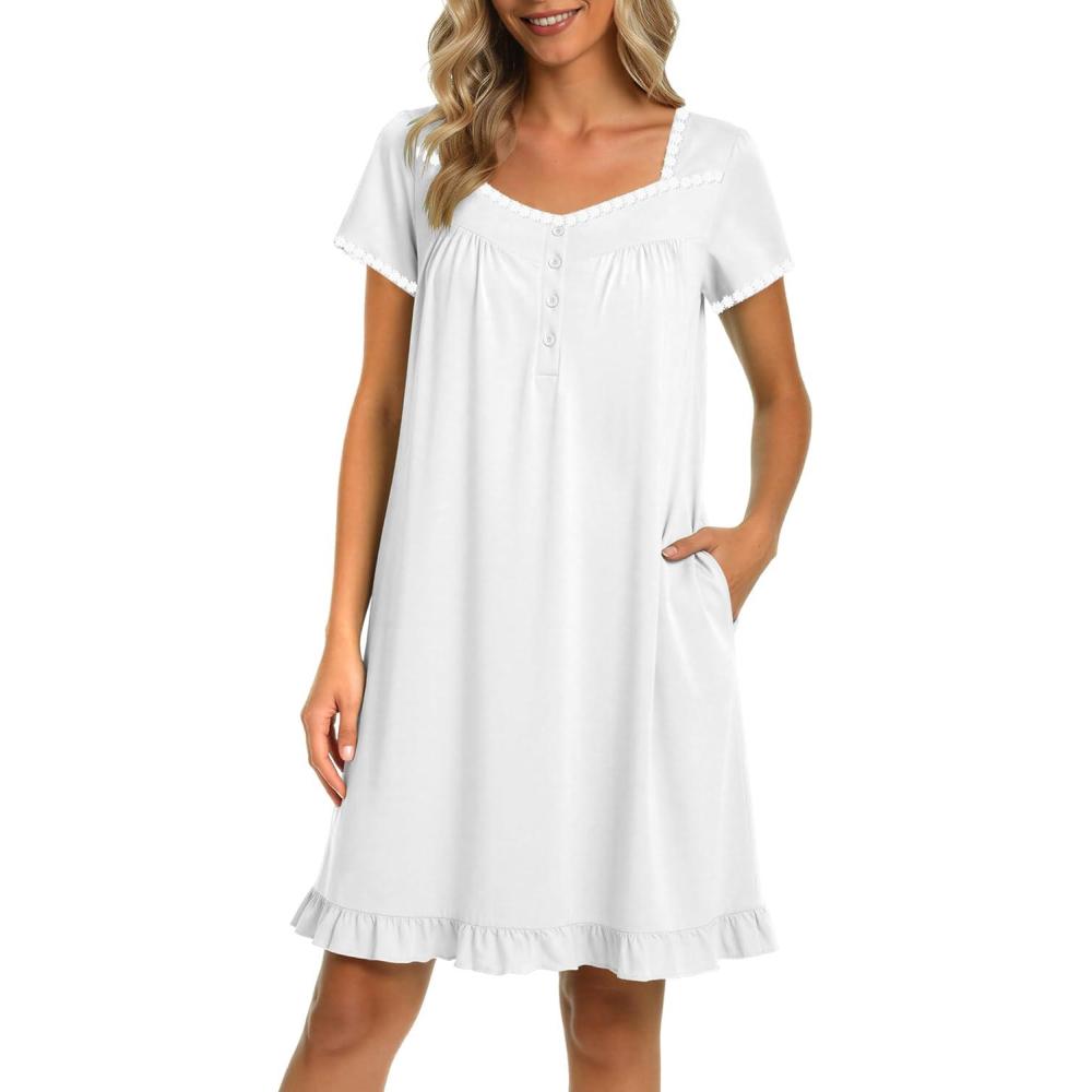 imageEkouaer Nightgowns for Women Lace Trim Sleep Shirts Short Sleeve Night Shirts With Pockets Night Gown Ruffled Sleep DressWhite