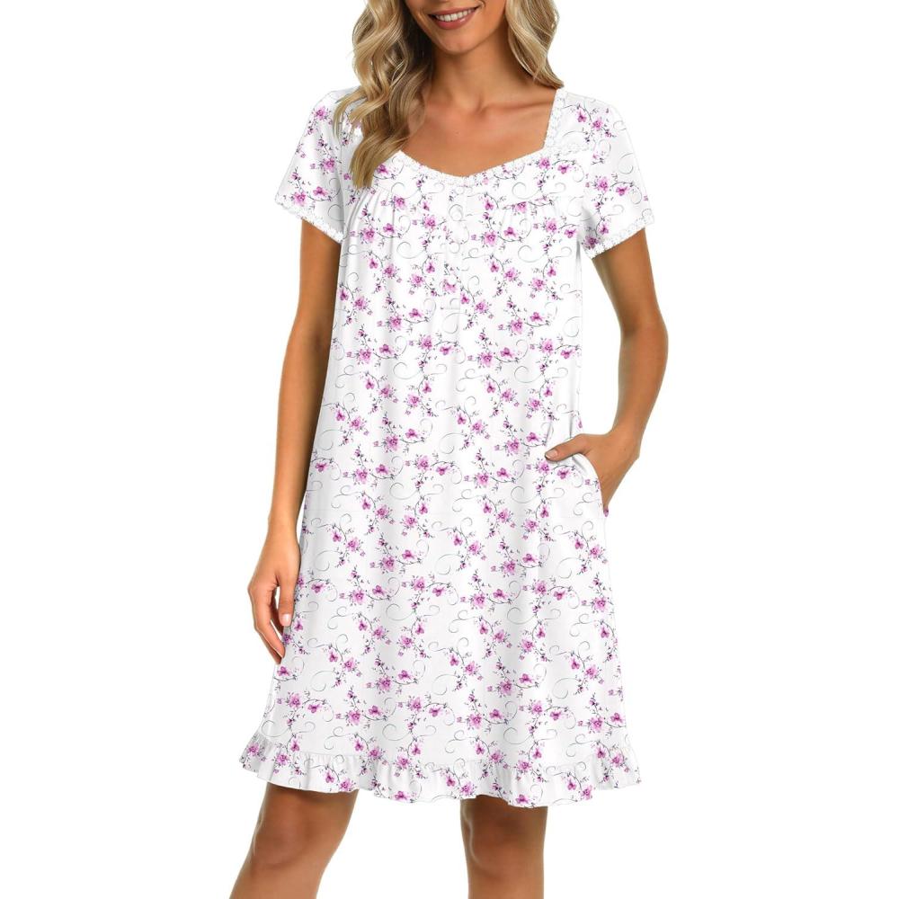 imageEkouaer Nightgowns for Women Lace Trim Sleep Shirts Short Sleeve Night Shirts With Pockets Night Gown Ruffled Sleep DressWhite Flowers