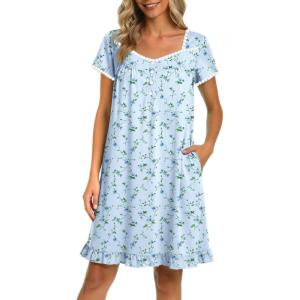 Ekouaer Nightgowns for Women Lace Trim Sleep Shirts Short Sleeve Night Shirts With Pockets Night Gown Ruffled Sleep Dress(Blue Floral)