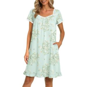 Ekouaer Nightgowns for Women Lace Trim Sleep Shirts Short Sleeve Night Shirts With Pockets Night Gown Ruffled Sleep Dress(Green Flowers)
