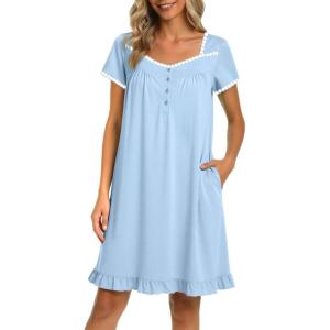 Ekouaer Nightgowns for Women Lace Trim Sleep Shirts Short Sleeve Night Shirts With Pockets Night Gown Ruffled Sleep Dress(Light Blue)