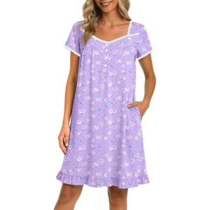 Ekouaer Nightgowns for Women Lace Trim Sleep Shirts Short Sleeve Night Shirts With Pockets Night Gown Ruffled Sleep Dress(Purple-blue Flowers)