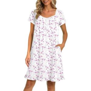 Ekouaer Nightgowns for Women Lace Trim Sleep Shirts Short Sleeve Night Shirts With Pockets Night Gown Ruffled Sleep Dress(White Flowers)
