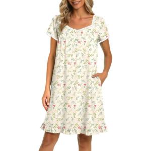 Ekouaer Nightgowns for Women Lace Trim Sleep Shirts Short Sleeve Night Shirts With Pockets Night Gown Ruffled Sleep Dress(Yellow Flowers)
