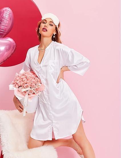 imageEkouaer Satin Nightgowns for Women Silk Sleepwear Button Down Sleepshirt 34 Sleeve VNeck Nightshirts with PocketsWhite