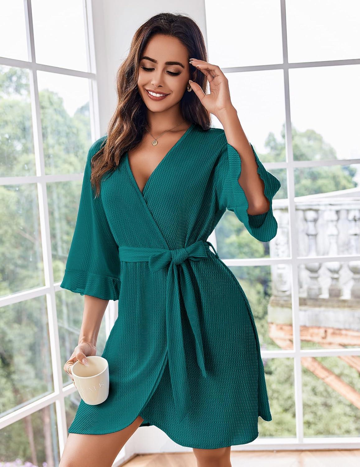 imageEkouaer Women Waffle Robes 34 Sleeve Ruffle Knit Bathrobe Soft Lightweight Knee Length Robe LoungewearBlue Green