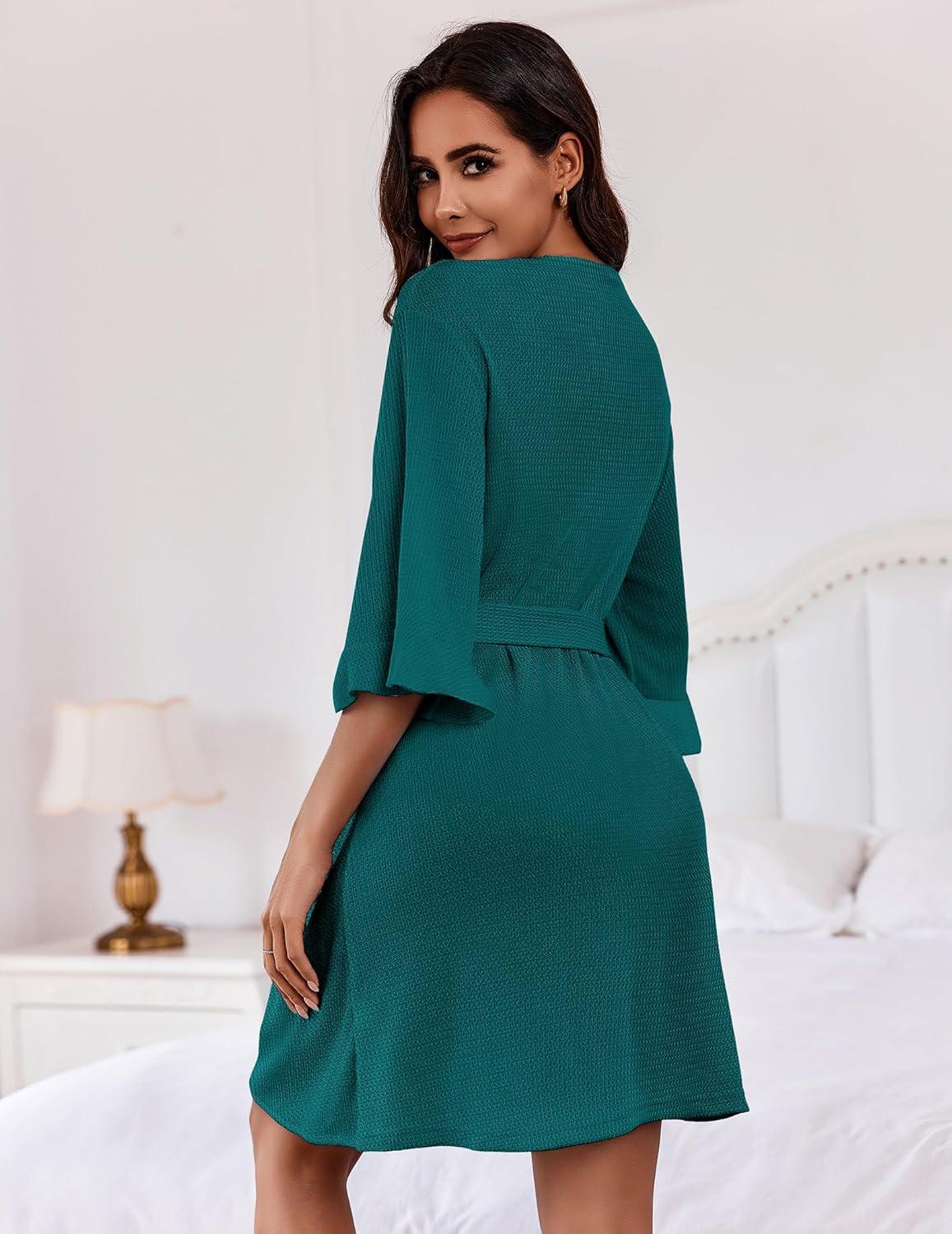 imageEkouaer Women Waffle Robes 34 Sleeve Ruffle Knit Bathrobe Soft Lightweight Knee Length Robe LoungewearBlue Green