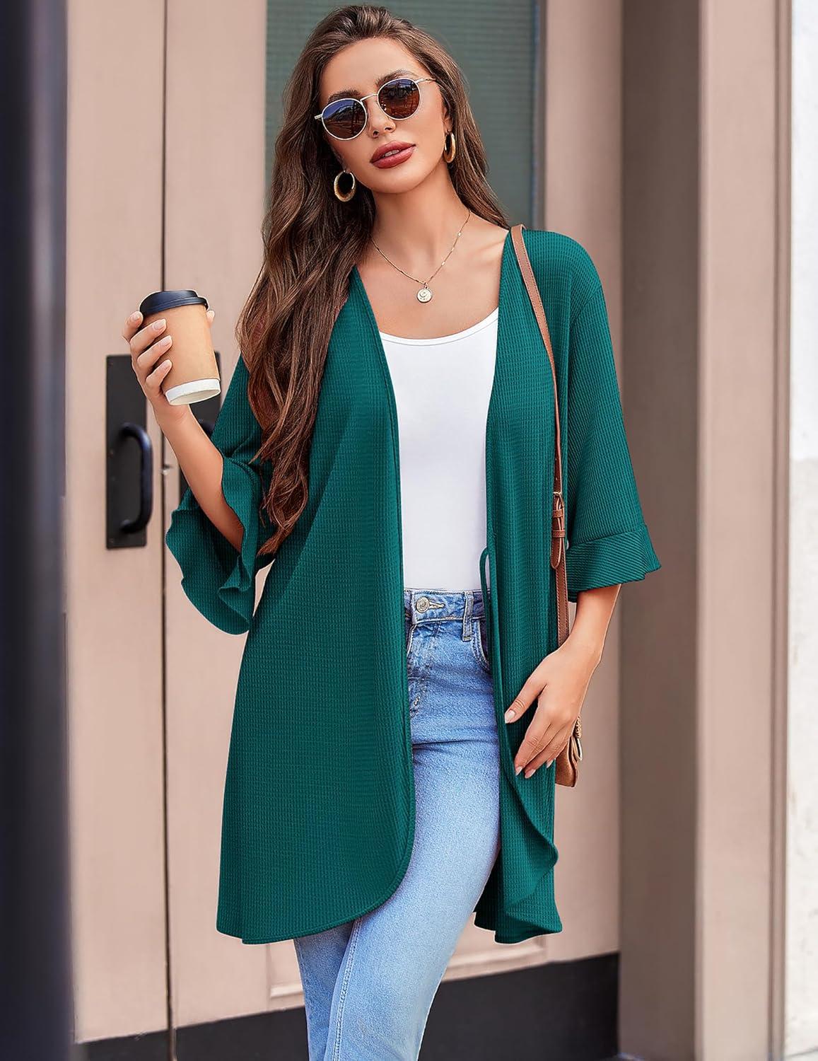 imageEkouaer Women Waffle Robes 34 Sleeve Ruffle Knit Bathrobe Soft Lightweight Knee Length Robe LoungewearBlue Green
