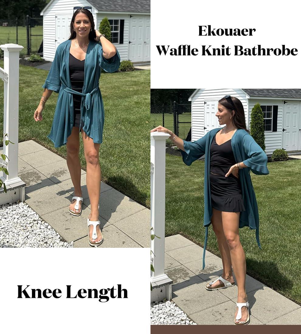 imageEkouaer Women Waffle Robes 34 Sleeve Ruffle Knit Bathrobe Soft Lightweight Knee Length Robe LoungewearBlue Green