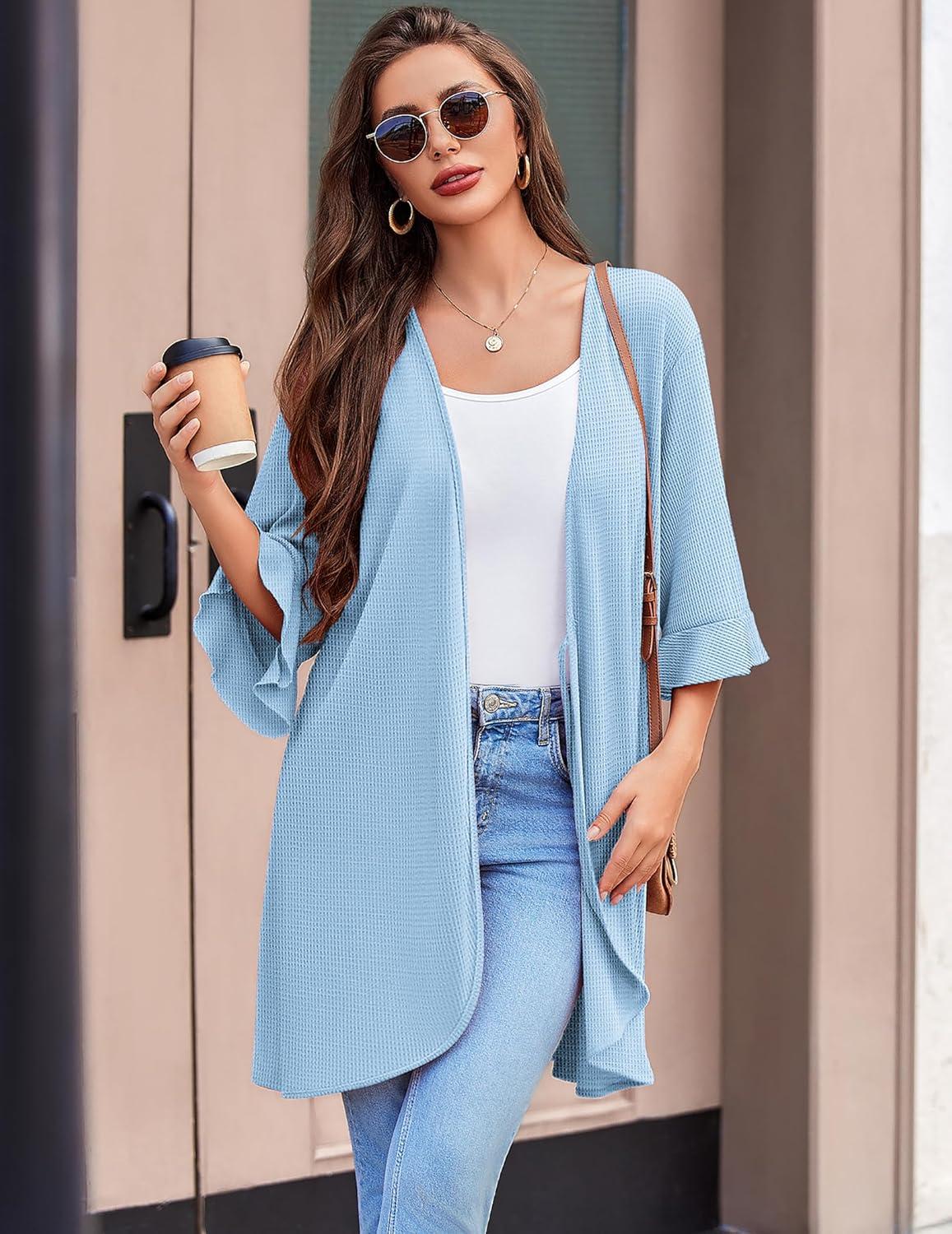 imageEkouaer Women Waffle Robes 34 Sleeve Ruffle Knit Bathrobe Soft Lightweight Knee Length Robe LoungewearLight Blue
