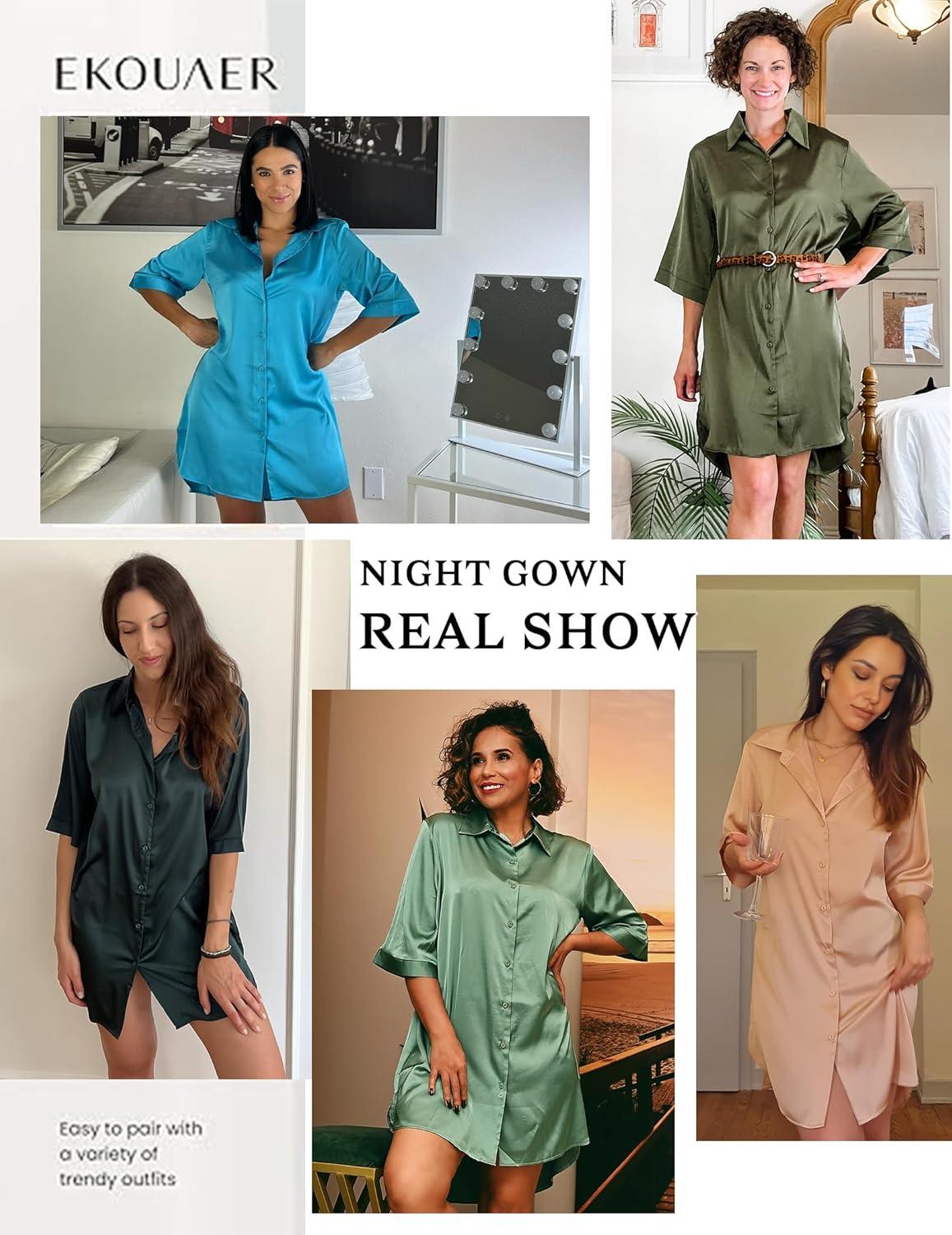 imageEkouaer Womens Satin Nightshirt Button Down Sleepshirt Silk 34 Sleeve Nightgown Boyfriend Notch Collar Sleepwear S3XLLight Light Lilac