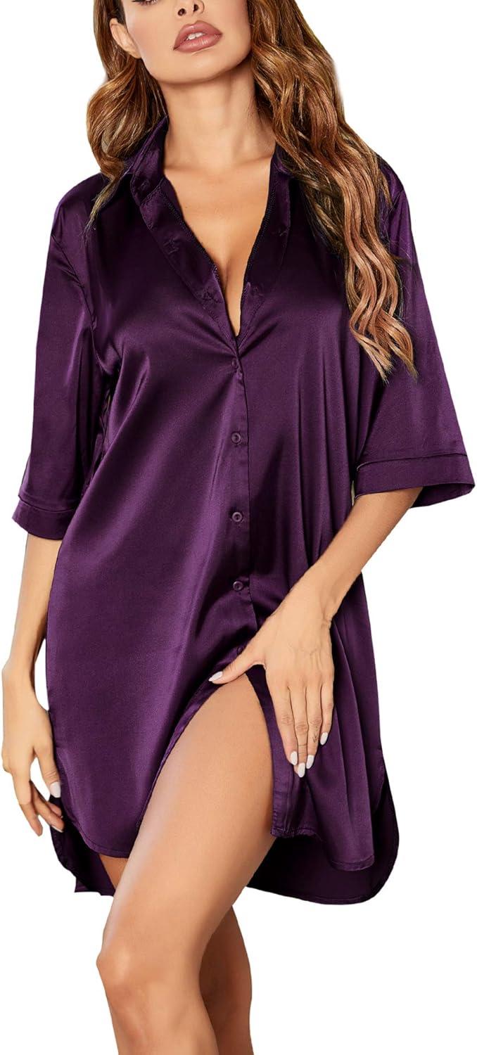 imageEkouaer Womens Satin Nightshirt Button Down Sleepshirt Silk 34 Sleeve Nightgown Boyfriend Notch Collar Sleepwear S3XLPurple