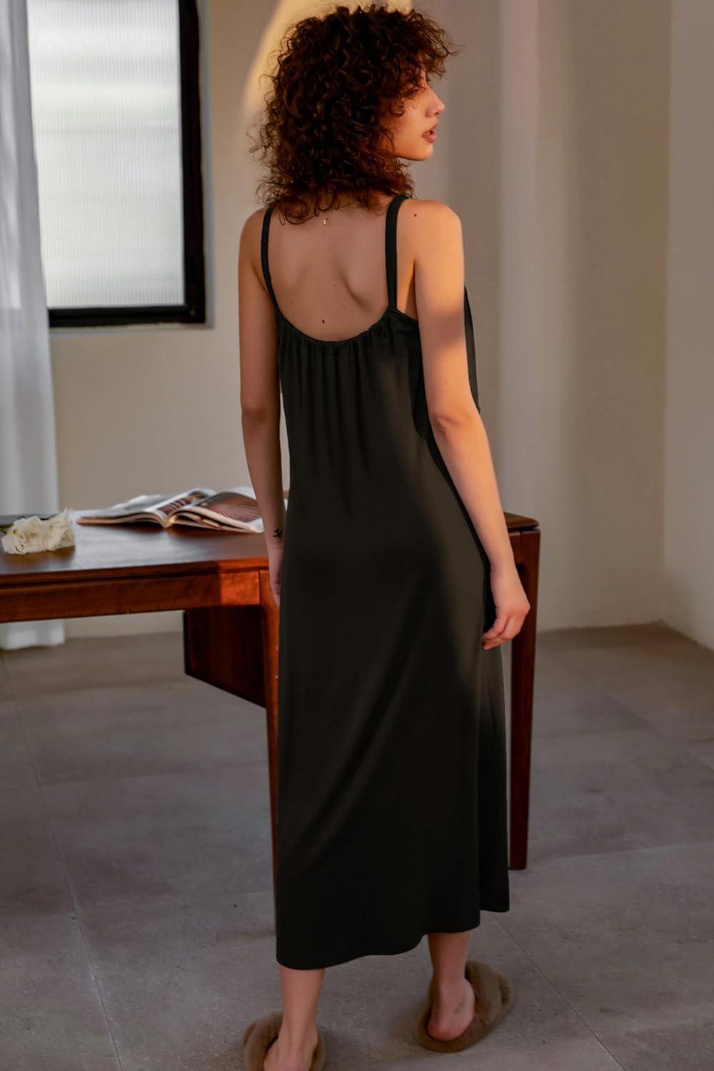 imageEkouaer Womens Sleeveless Long Nightgown Full Slip Nightdress Soft Sleepdress V Neck NightshirtBlack