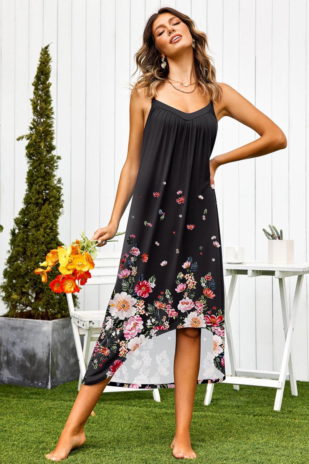 imageEkouaer Womens Sleeveless Long Nightgown Full Slip Nightdress Soft Sleepdress V Neck NightshirtBlack Floral