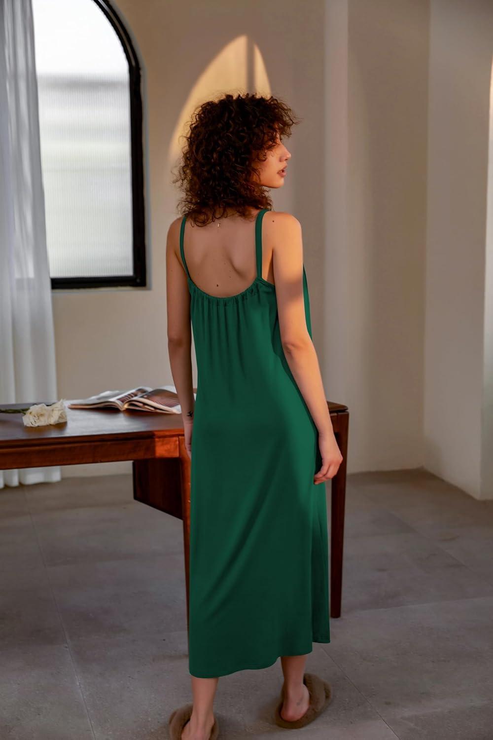 imageEkouaer Womens Sleeveless Long Nightgown Full Slip Nightdress Soft Sleepdress V Neck NightshirtDark Green