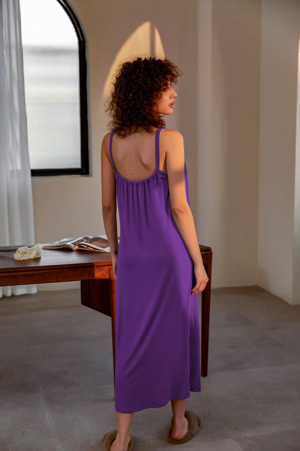 imageEkouaer Womens Sleeveless Long Nightgown Full Slip Nightdress Soft Sleepdress V Neck NightshirtDark Violet