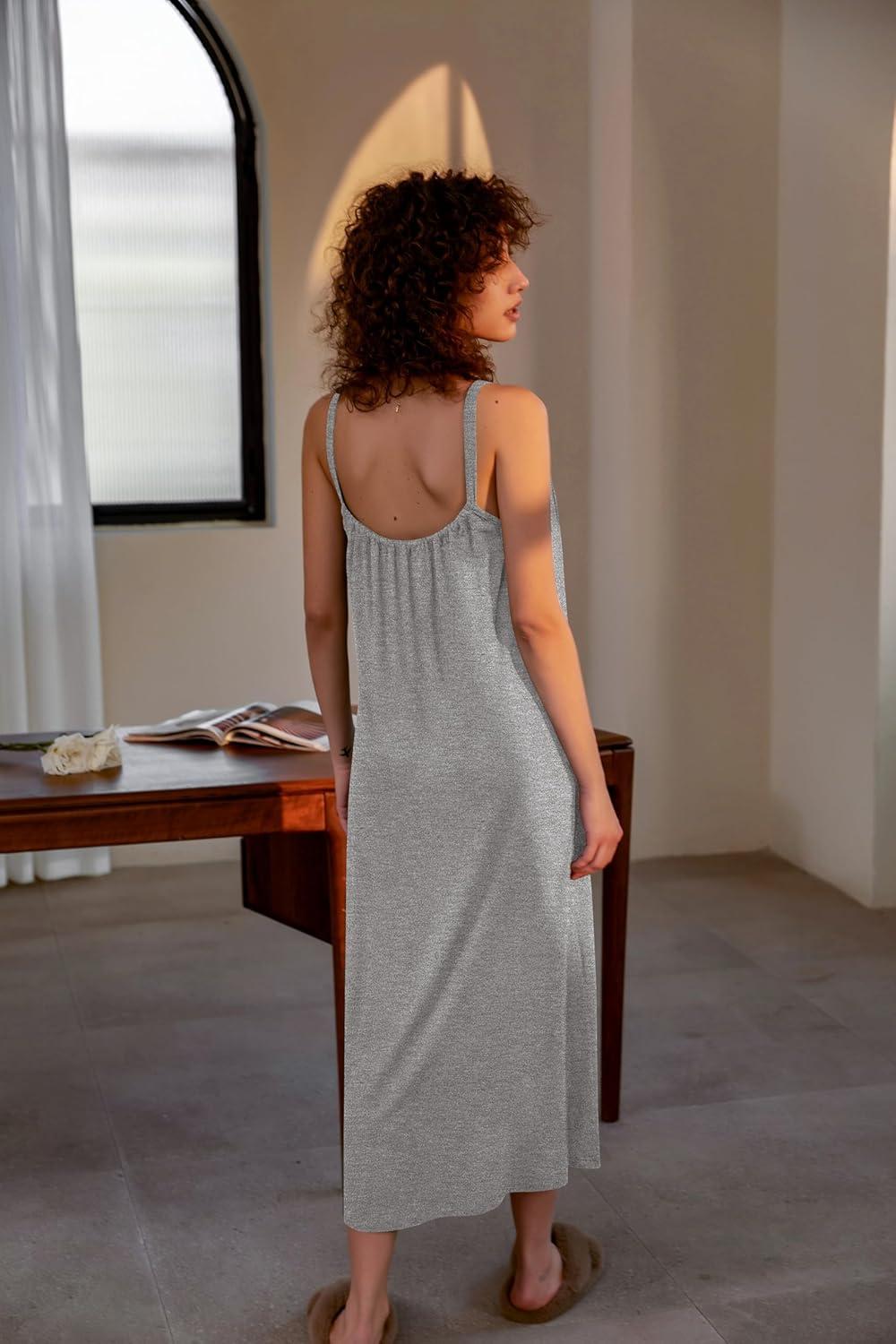 imageEkouaer Womens Sleeveless Long Nightgown Full Slip Nightdress Soft Sleepdress V Neck NightshirtLight Gray