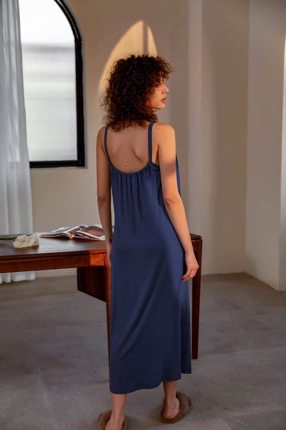imageEkouaer Womens Sleeveless Long Nightgown Full Slip Nightdress Soft Sleepdress V Neck NightshirtNavy Blue
