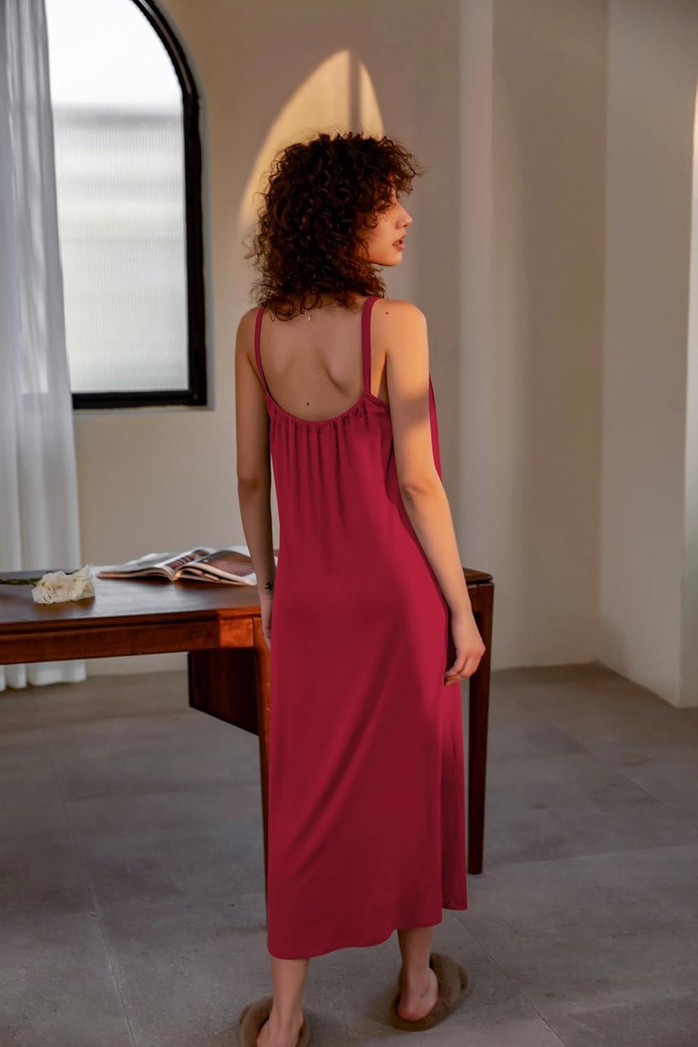 imageEkouaer Womens Sleeveless Long Nightgown Full Slip Nightdress Soft Sleepdress V Neck NightshirtWine Red