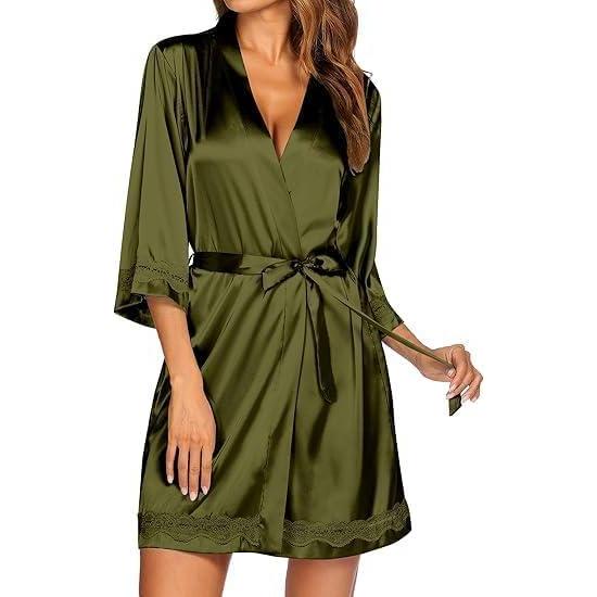 imageEkouaer Womens LaceTrim Silk Robes Bride Bridesmaid Kimono Satin Bathrobe V Neck Sleepwear with 34 Sleeve Army Green