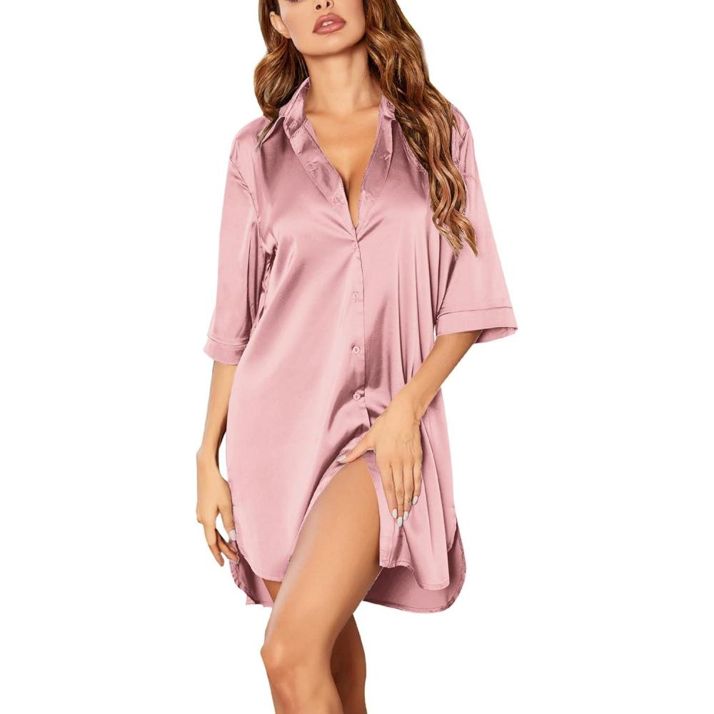 imageEkouaer Womens Satin Nightshirt Button Down Sleepshirt Silk 34 Sleeve Nightgown Boyfriend Notch Collar Sleepwear S3XLDark Pink