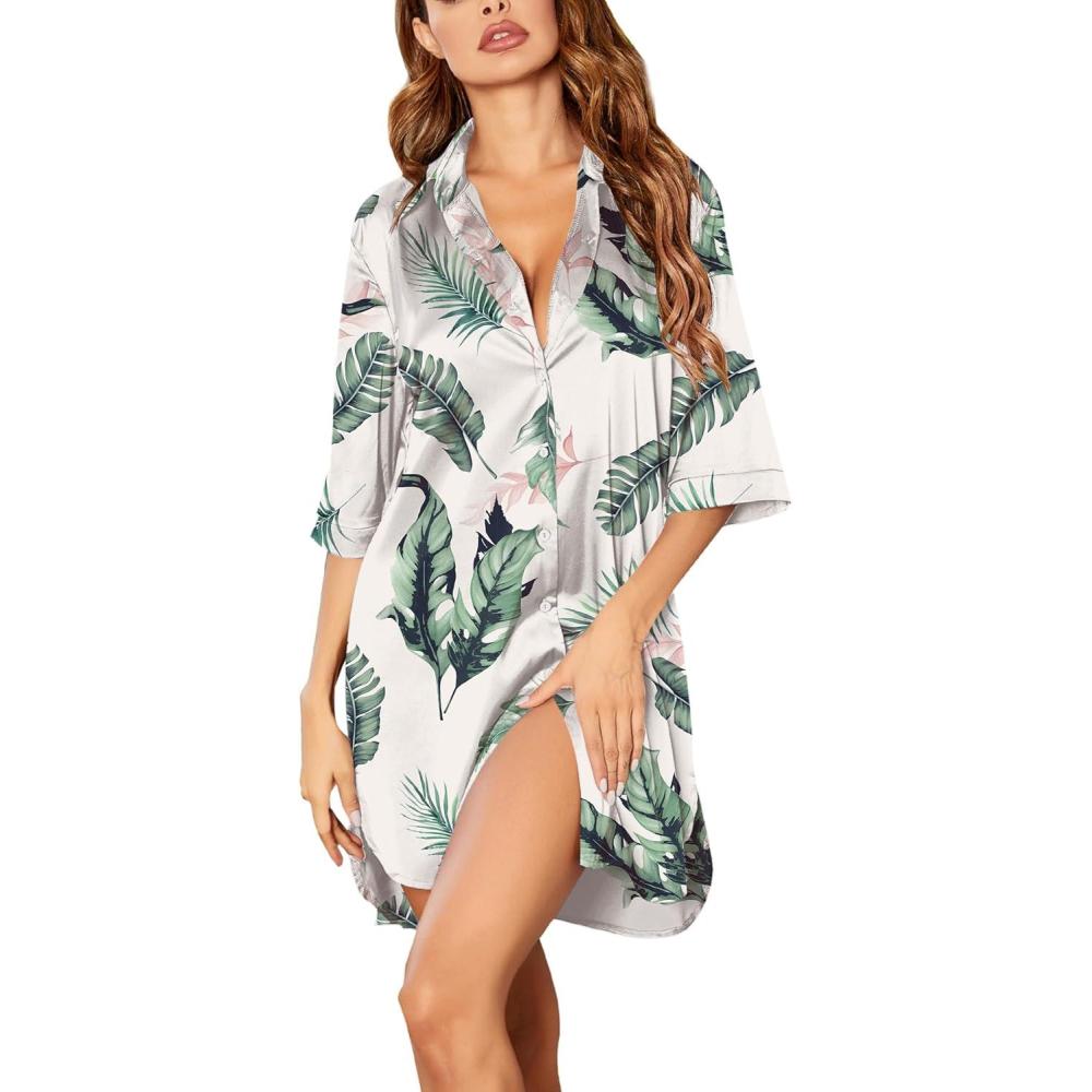 imageEkouaer Womens Satin Nightshirt Button Down Sleepshirt Silk 34 Sleeve Nightgown Boyfriend Notch Collar Sleepwear S3XLHawaiian Leaves Apricot Powder