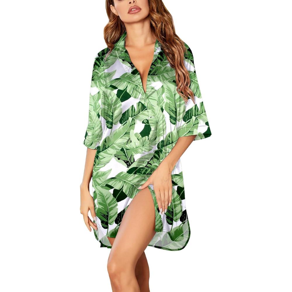 imageEkouaer Womens Satin Nightshirt Button Down Sleepshirt Silk 34 Sleeve Nightgown Boyfriend Notch Collar Sleepwear S3XLLeaf White
