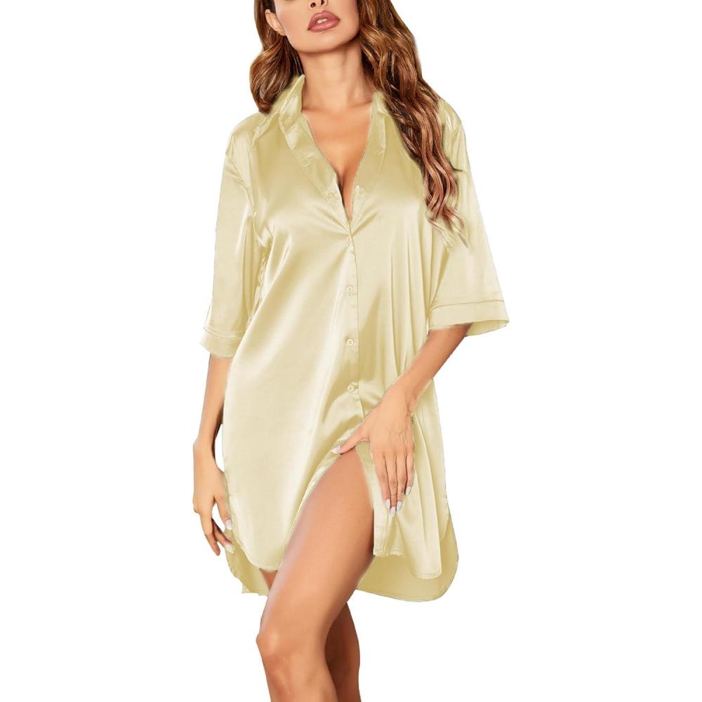 imageEkouaer Womens Satin Nightshirt Button Down Sleepshirt Silk 34 Sleeve Nightgown Boyfriend Notch Collar Sleepwear S3XLLight Coffee